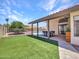 Charming backyard featuring a well-maintained lawn and patio with a dining table and ceiling fan at 12641 S 39Th Pl, Phoenix, AZ 85044