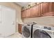 A modern laundry room with front load washer/dryer, counter space, and cabinet storage at 28878 N 127Th Ln, Peoria, AZ 85383