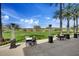 Inviting outdoor patio area with modern seating, heaters, and lush green landscaping with palm trees at 28878 N 127Th Ln, Peoria, AZ 85383