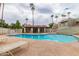 Community pool and nearby lounging furniture, framed by mature palm trees at 222 W Brown Rd # 14, Mesa, AZ 85201