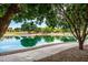 Picturesque community pond surrounded by mature trees, walking paths, and lush landscaping for outdoor recreation at 3022 E Santa Fe Ln, Gilbert, AZ 85297