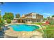 Backyard featuring a pool, patio area, and lush landscaping at 5431 E Piping Rock Rd, Scottsdale, AZ 85254