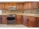 Kitchen with wooden cabinets, granite counters and mosaic tile backsplash at 760 N Swallow Ln, Gilbert, AZ 85234