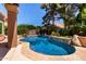 Sparkling pool and lush landscaping create a private backyard oasis at 1521 W Kent Dr, Chandler, AZ 85224