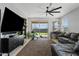 Cozy living room featuring a sliding glass door, ceiling fan, and comfortable seating at 3597 E Henson St, San Tan Valley, AZ 85140
