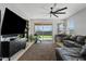 Cozy living room featuring a sliding glass door, ceiling fan, and comfortable seating at 3597 E Henson St, San Tan Valley, AZ 85140