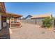 Backyard showcasing a covered patio, gravel landscaping, block wall, and a view of neighboring rooftops at 136 E San Angelo Ave, Gilbert, AZ 85234