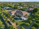 Overhead view of property featuring swimming pool, fire pit, and lush landscaping at 3354 E Jaeger Cir, Mesa, AZ 85213