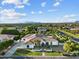 Expansive aerial view of a single story home with lush landscaping and mountain views at 3354 E Jaeger Cir, Mesa, AZ 85213