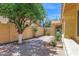 Charming walkway leading to gate with well-maintained landscaping and mature tree offering curb appeal at 9797 N 100Th Pl, Scottsdale, AZ 85258