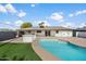 Backyard with pool, patio, and artificial turf at 1421 W Pasadena Ave, Phoenix, AZ 85013