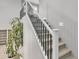 Carpeted stairs with plant and white railing featuring wrought iron balusters at 21575 E Twin Acres Ct, Queen Creek, AZ 85142