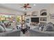 Bright living room with backyard view, fireplace, built-in shelves, and comfortable seating, creating a cozy atmosphere at 3018 E Vernon St, Gilbert, AZ 85298