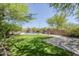 Landscaped backyard with a pool, lush lawn, rock waterfall feature, and relaxing lounge area at 31259 N 42Nd Pl, Cave Creek, AZ 85331