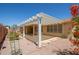 Large backyard with covered patio features desert landscaping and mature shade trees at 7839 E Milagro Ave, Mesa, AZ 85209