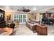 Comfortable living room featuring a decorative ceiling fan, wood-look tile floors, and sliding glass doors at 12826 W Maplewood Dr, Sun City West, AZ 85375