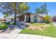 Inviting single-story home with stone accents, a well-manicured lawn, and vibrant green landscaping at 3611 E Dartmouth Cir, Mesa, AZ 85205