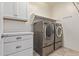 Bright laundry room with built-in cabinets, countertop, and modern washer and dryer at 2236 W Aston Dr, San Tan Valley, AZ 85144