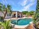 Stunning backyard showcasing a shimmering pool, tropical foliage, and blue skies at 10501 W Wilshire Dr, Avondale, AZ 85392