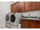 This laundry room has a sink, and dark cabinets above modern appliances at 11015 E Texas Ave, Mesa, AZ 85212