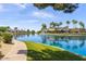 Scenic community pond and fountain surrounded by palm trees and walking path at 1825 W Ray Rd # 2082, Chandler, AZ 85224