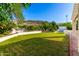 Spacious backyard with green lawn and view to the desert mountain and mature trees at 507 W Sweetwater Ave, Phoenix, AZ 85029