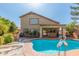 Backyard oasis with pool, inviting patio space, mature plants, and a well-manicured lawn for outdoor relaxation at 1149 N Sunnyvale Ave, Gilbert, AZ 85234