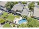 Aerial view of a backyard with a sparkling pool, lush lawn, patio area, and mature landscaping at 3062 E Cullumber St, Gilbert, AZ 85234