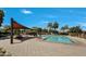 A beautiful community pool featuring lounge chairs, a covered picnic area, and mature landscaping on a sunny day at 1600 N Saba St # 214, Chandler, AZ 85225