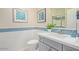 Bathroom featuring a white vanity, mosaic backsplash, and framed artwork at 17154 W Las Palmaritas Dr, Waddell, AZ 85355