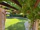 Landscaped backyard featuring mature trees, rock features, and a cozy pergola covered in grape vines at 17658 N 52Nd Pl, Scottsdale, AZ 85254