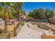 Spacious backyard featuring mature landscaping, concrete pool, and a tall fence providing privacy at 7259 E Glencove St, Mesa, AZ 85207