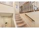 Stairway with carpet runner leads upstairs, with a downstairs hallway and decorative wall art at 7259 E Glencove St, Mesa, AZ 85207
