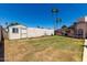 Backyard featuring a shed and lawn surrounded by a white wall and tall palm trees, ensuring privacy and shade at 533 E 7Th Pl, Mesa, AZ 85203