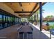 Covered outdoor lounge area with views of a large community pool and seating at 7878 E Gainey Ranch Rd # 36, Scottsdale, AZ 85258