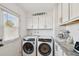 Modern laundry room with appliances, overhead storage, a countertop, and a window that brings in natural light at 13842 N 40Th Ave, Phoenix, AZ 85053