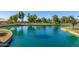 Wide view of a calm pond surrounded by lush green spaces, mature trees, and residential properties at 14428 W Moccasin Trl, Surprise, AZ 85374