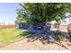 The backyard has a covered patio, lush grass, a mature shade tree, and gravel landscaping at 5751 W Muriel Dr, Glendale, AZ 85308