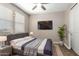 Modern bedroom with a gray bed frame, ceiling fan, large window, and mounted TV at 10221 E Wavelength Ave, Mesa, AZ 85212