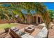 Backyard with a fire pit, patio area, green lawn, lush palm trees, and desert landscaping at 11826 W Villa Hermosa Ln, Sun City, AZ 85373