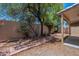 A serene backyard featuring a stone pathway, mature shade trees, and block fence for added privacy at 125 N 22Nd Pl # 5, Mesa, AZ 85213