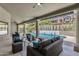 Covered patio with comfortable seating overlooking a sparkling pool and well-manicured backyard at 12638 E Cortez Dr, Scottsdale, AZ 85259