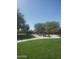 Community playground with a blue slide, covered picnic tables, and mature trees at 25945 W Runion Dr, Buckeye, AZ 85396