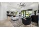 Open-concept living room featuring high ceilings, a ceiling fan, and sliding glass doors to the backyard at 3822 E Canyon Pl, Chandler, AZ 85249