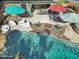 Aerial view of backyard pool and outdoor entertaining areas with multiple seating and patio umbrellas at 4111 S Dewdrop Ct, Gilbert, AZ 85297