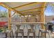 Charming outdoor bar with metal roof, barstools, and views of the backyard entertainment area at 4111 S Dewdrop Ct, Gilbert, AZ 85297