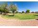 Wide view of common area with expansive green lawn, mature trees, and gravel walking path at 7725 S 47Th Ln, Laveen, AZ 85339