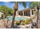 Backyard pool features lush landscaping, rocks, and mature palm trees creating a backyard oasis at 11008 N 119Th Pl, Scottsdale, AZ 85259
