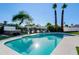 Stunning pool with sparkling water, surrounded by lush greenery, mature trees, and meticulous landscaping at 14012 N 57Th Pl, Scottsdale, AZ 85254