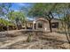 Backyard view showcasing desert landscaping, mature trees, and covered patio of this well maintained home at 1641 W Windsong Dr, Phoenix, AZ 85045